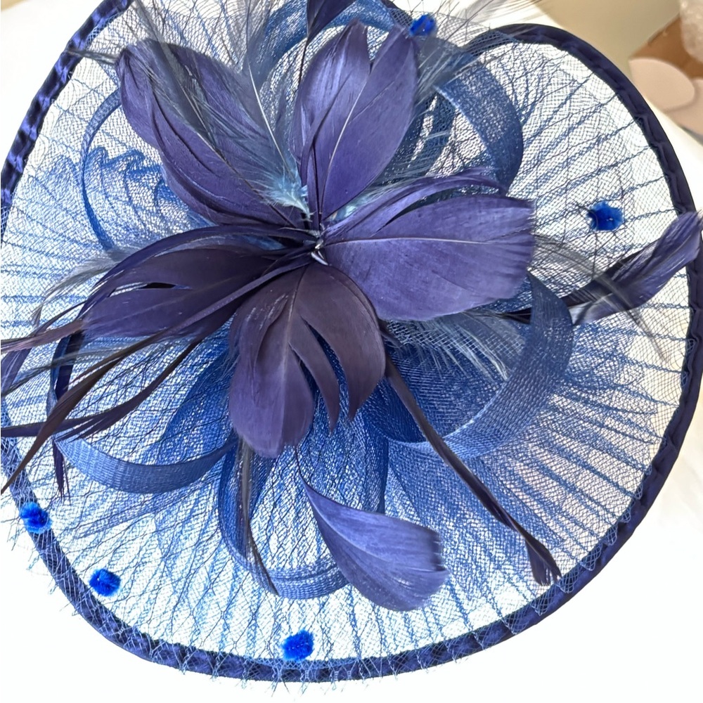 Blue Feathered Fascinator with Flower and Netting